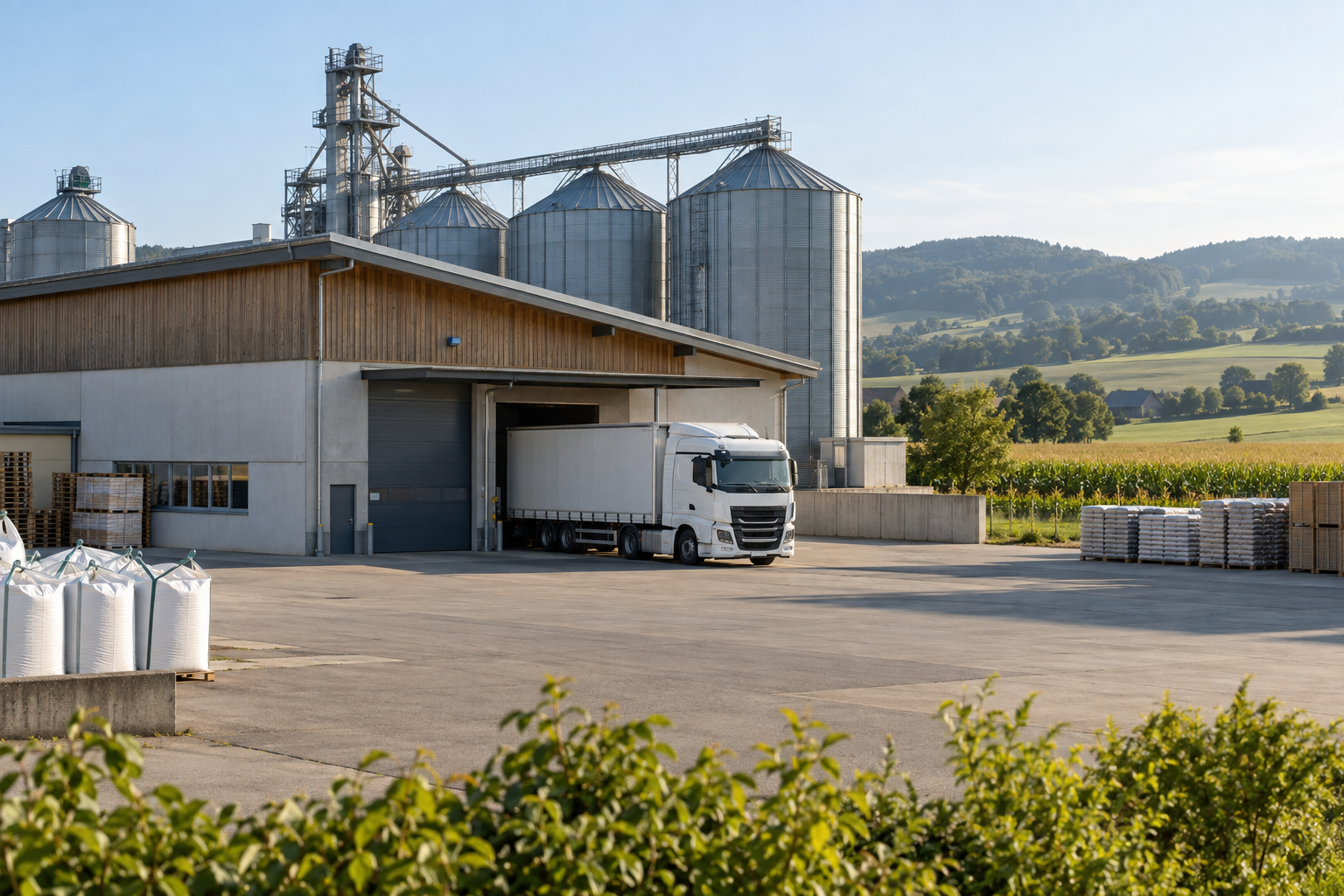 Agrarhandelsunternehmen mit Lagerhalle, Silos und Lieferfahrzeug